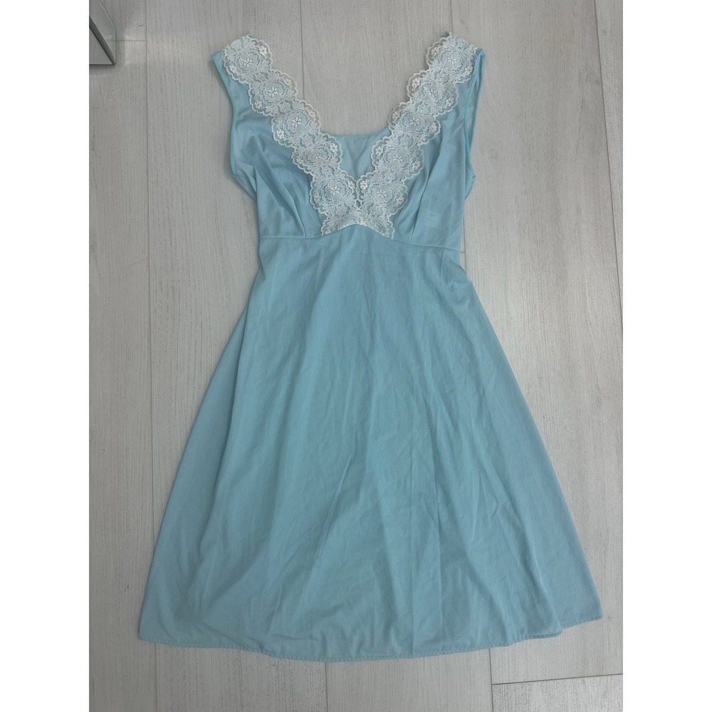 Vintage Tricot Nylon Nightgown Sz S - Blue - Lace‎ Trim